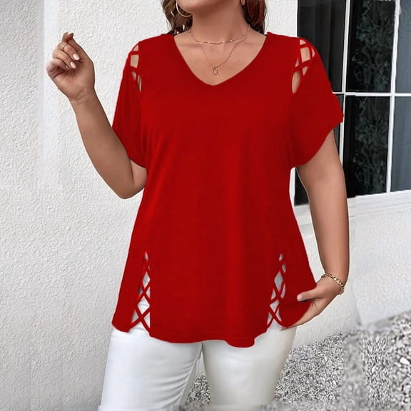 MORTTIC Women's Plus Size V-Neck Short Sleeve Casual T-Shirt with Criss Cross Strap Detail for Summer Red,2XL