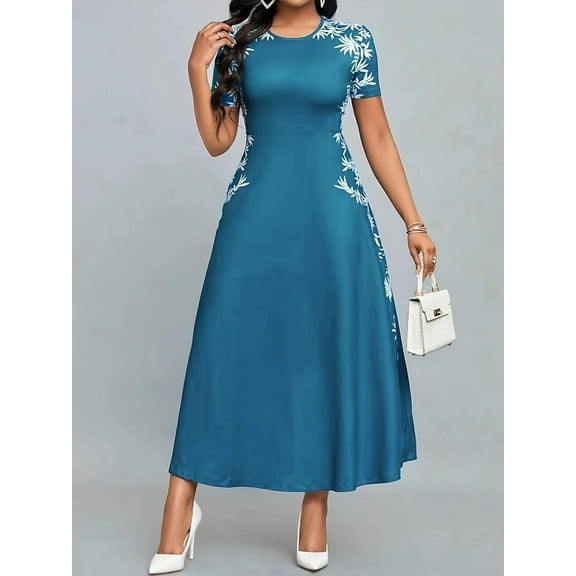 MORTTIC Women's Printed Maxi Dress – Short Sleeve, Crew Neck, Elegant Casual Party Dress