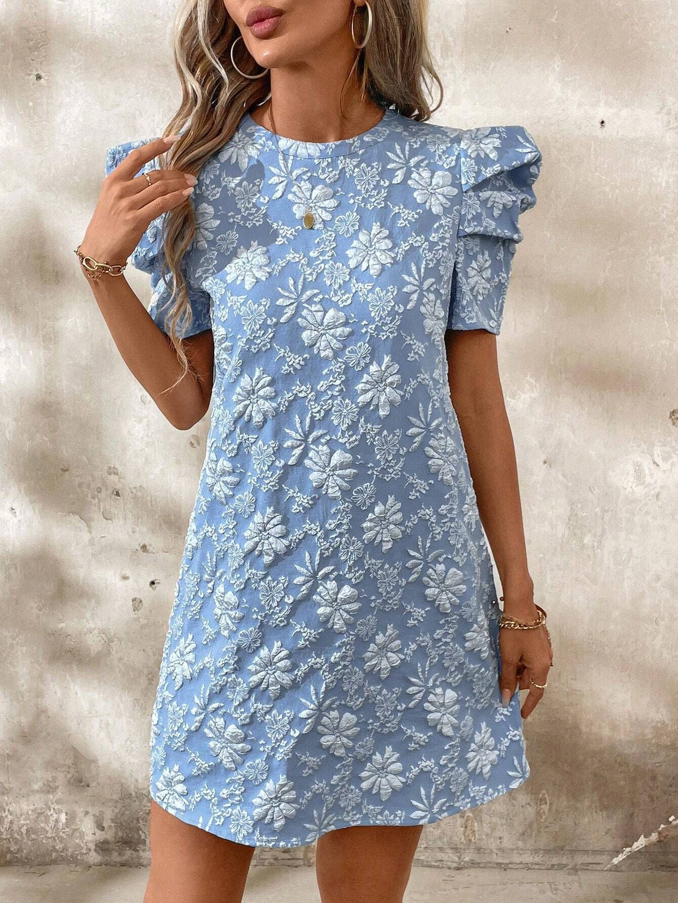 womens mini summer dress Short Ruffle Halter Party with Blue Floral Print Blue Floral / Small trimmed tiered skirt Summer Mini Dresses - Buy