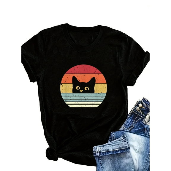 MORTTIC Women's Retro Cat Graphic T-Shirt Casual Summer Short Sleeve Crewneck Tee Tops, Black, S