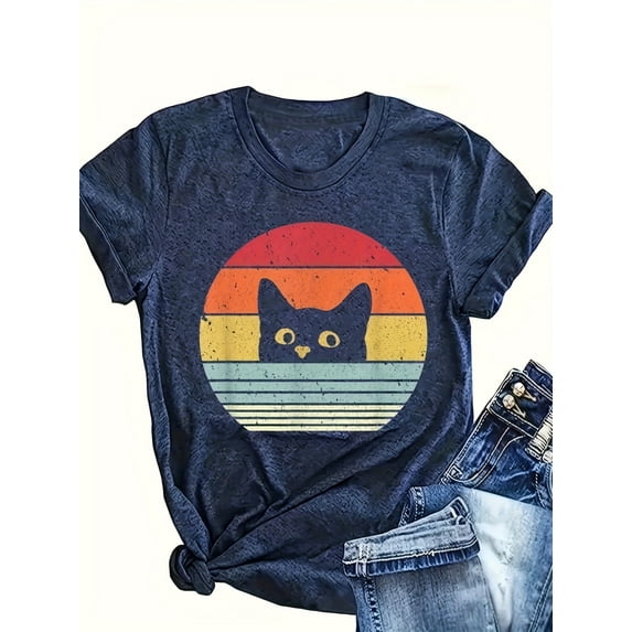 MORTTIC Women's Retro Cat Graphic T-Shirt Casual Summer Short Sleeve Crewneck Tee Tops, Blue, XXL