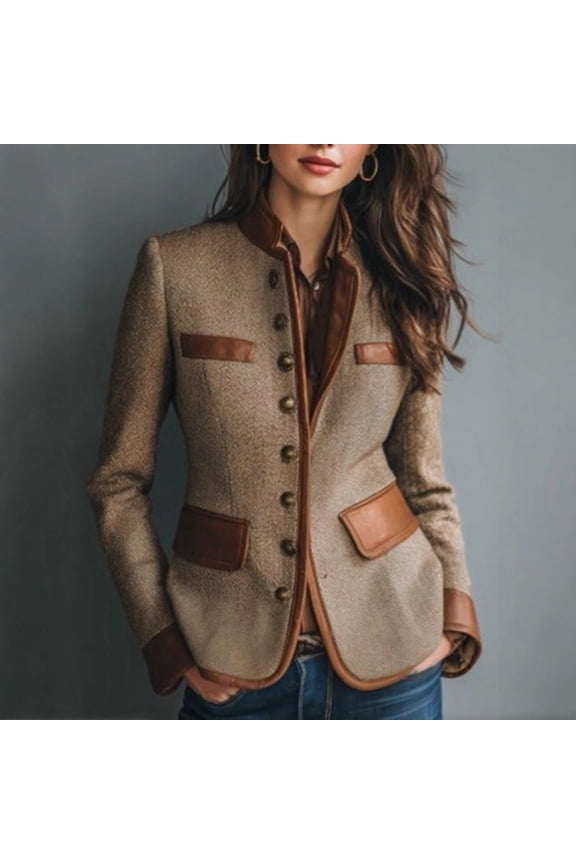 Women's Retro Elegant Jacket Color-Block Button Front Coat With Stand Collar For Casual Wear Brown，L
