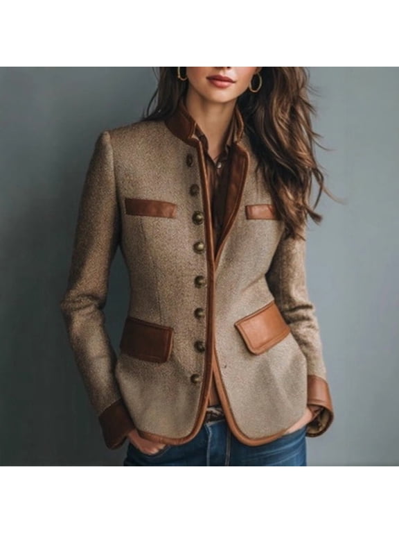 Women's Retro Elegant Jacket Color-Block Button Front Coat With Stand Collar For Casual Wear Brown,M