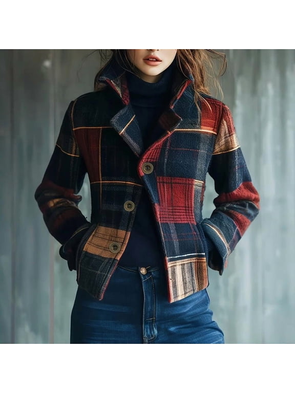 Women's Retro Single-Breasted Blazer with Stand Collar Fall Winter Casual Formal Vintage Jacket Plaid,M
