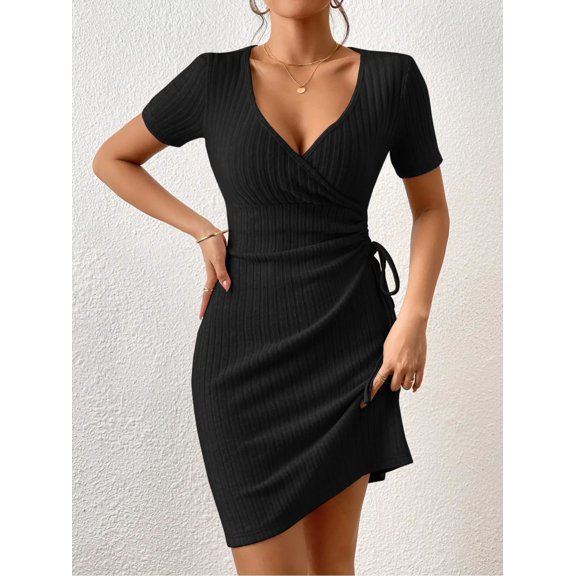 MORTTIC Women's Ribbed Tie Waist Midi Dress, Slim Fit Deep V-Neck Short Sleeve Bodycon Dress for Office or Casual Outings