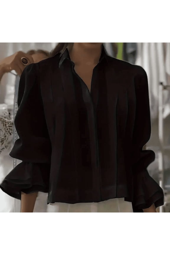 Women's Ruffle Flare Sleeve Blouse Loose Fit Button-Down Shirt with Pleated Detail for Spring and Fall Black，XXL