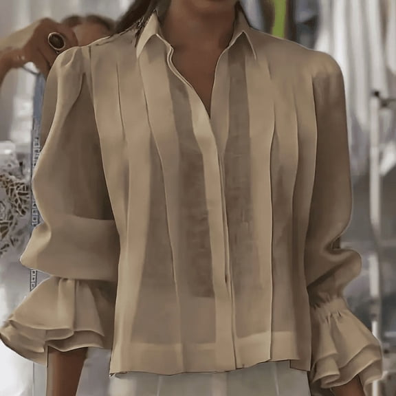 MORTTIC Women's Ruffle Flare Sleeve Blouse Loose Fit Button-Down Shirt with Pleated Detail for Spring and Fall Khaki，XXL
