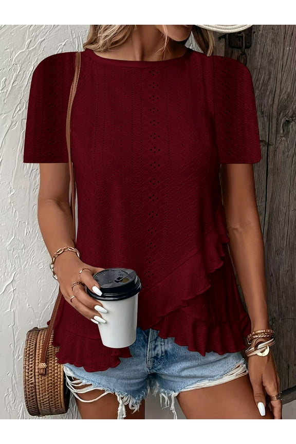 Women's Ruffle Hem Short Sleeve T-Shirt, Casual Summer Crew Neck Blouses Top, L