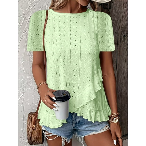 MORTTIC Women's Ruffle Hem Short Sleeve T-Shirt, Casual Summer Crew Neck Blouses Top, S
