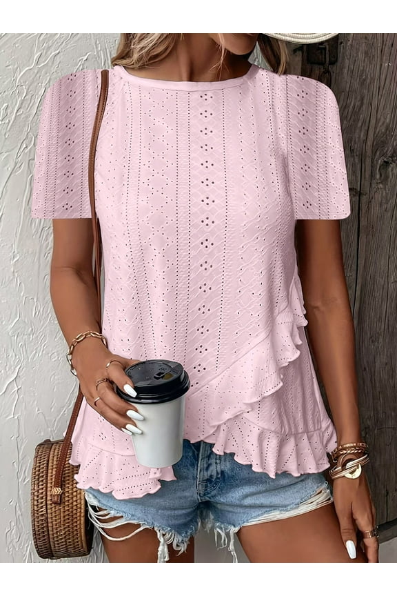 Women's Ruffle Hem Short Sleeve T-Shirt, Casual Summer Crew Neck Blouses Top, XL