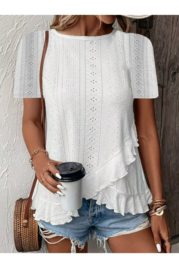 Women's Ruffle Hem Short Sleeve T-Shirt, Casual Summer Crew Neck Blouses Top, XL