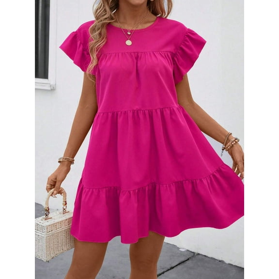MORTTIC Women's Ruffle Sleeve Round Neck Casual Mini Dress Loose Fit Summer Swing Dress, M