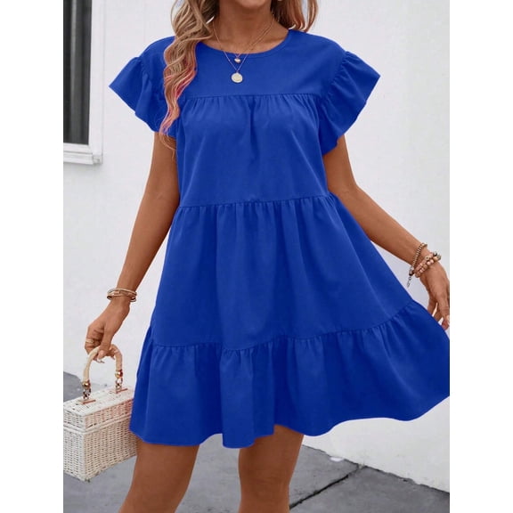 MORTTIC Women's Ruffle Sleeve Round Neck Casual Mini Dress Loose Fit Summer Swing Dress, M