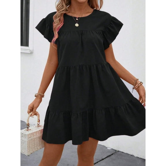 MORTTIC Women's Ruffle Sleeve Round Neck Casual Mini Dress Loose Fit Summer Swing Dress, S