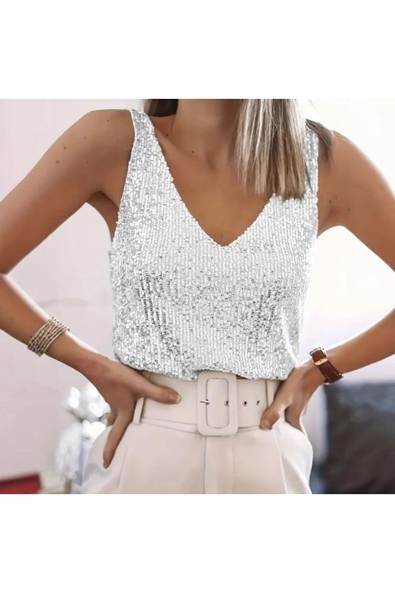 Women's Sequin Sleeveless V-Neck Top, Sparkle Embellished Casual Blouse for Party & Daily Wear Silver，S