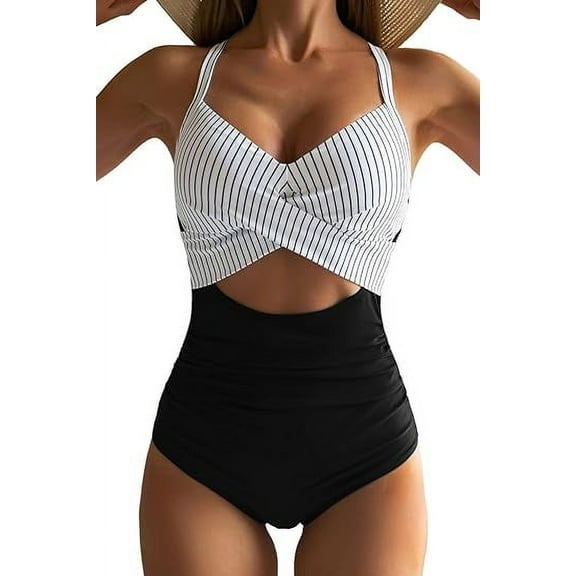 MORTTIC Women's Cutout One Piece Swimsuit Tummy Control High Waisted Wrap Tie Back Bathing Suit, M