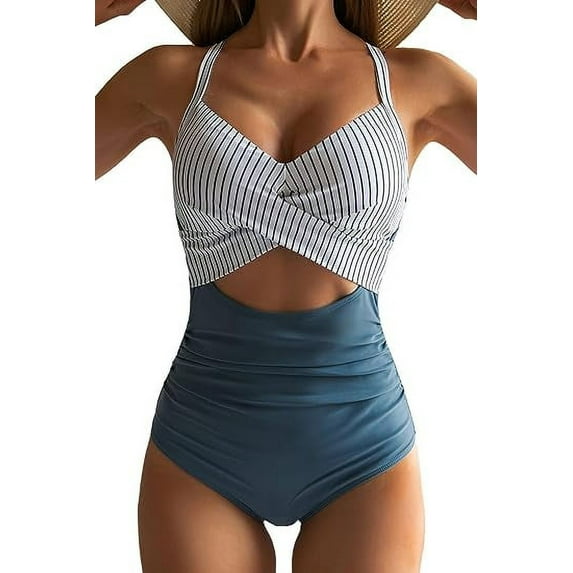 MORTTIC Women's Cutout One Piece Swimsuit Tummy Control High Waisted Wrap Tie Back Bathing Suit, S