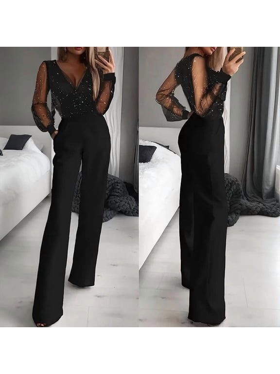 Women's Deep V-Neck Tulle Sequin Straight Leg Jumpsuit with Pockets Casual & Party Romper,Black M