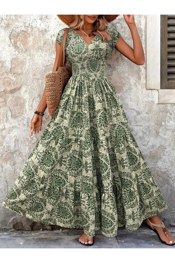 Women's V-Neck Long Sleeve Maxi Dress, Summer Resort Wear with Fashion Prints and Flowy Big Hem Beach Dresses