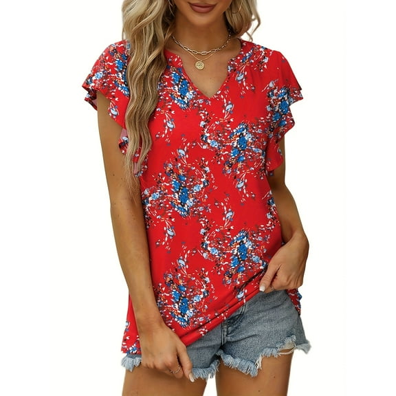 MORTTIC Women's V-Neck Ruffle Trim Floral Print Short Sleeve T-Shirt, Casual Summer Top, L