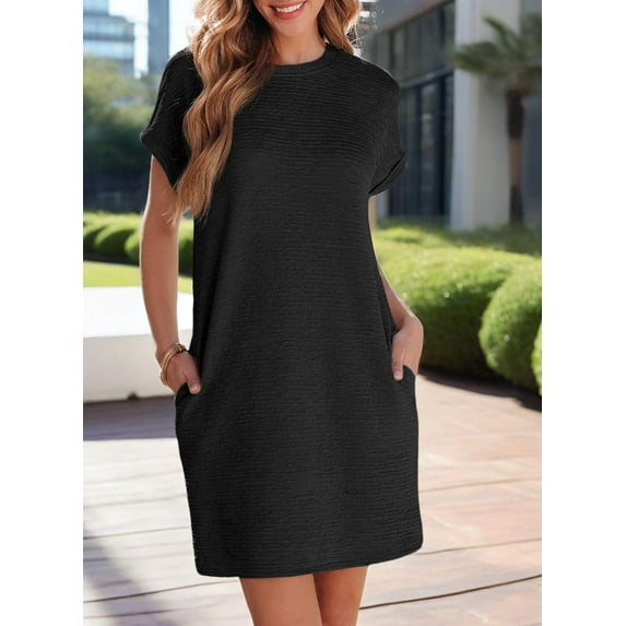 MORTTIC Women's Short Sleeve Crew Neck Textured Mini T-Shirt Dress with Pockets, Casual Solid Color Elegant Workwear Dress, S