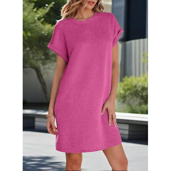 MORTTIC Women's Short Sleeve Crew Neck Textured Mini T-Shirt Dress with Pockets, Casual Solid Color Elegant Workwear Dress, XL