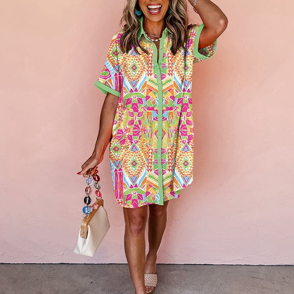 MORTTIC Women's Short Sleeve Geometric Print Dress – Loose Fit Casual Button Down Dress for Spring & Summer