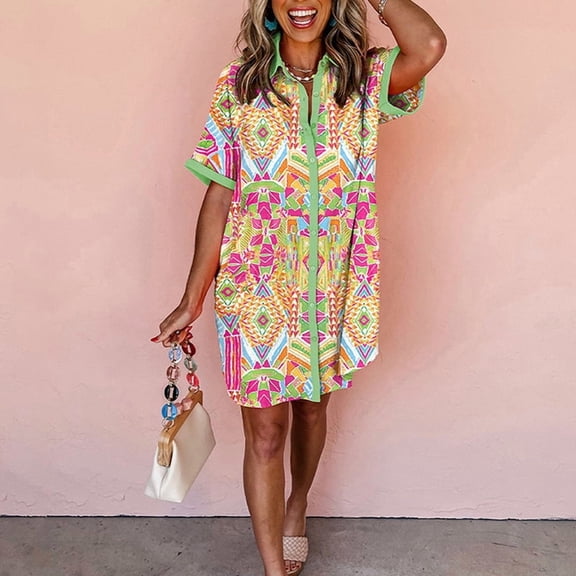MORTTIC Women's Short Sleeve Geometric Print Dress – Loose Fit Casual Button Down Dress for Spring & Summer