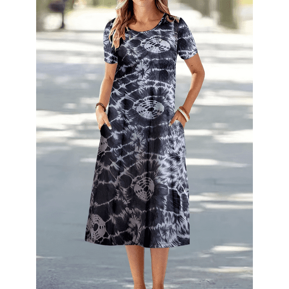 MORTTIC Women's Short Sleeve Printed Maxi Dress, Casual Loose Fit Long Dress with Pockets, S