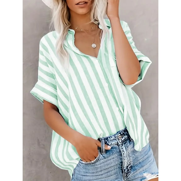 MORTTIC Women's Short Sleeve Striped Blouse – Casual Button Down V-Neck Shirt Tops, S