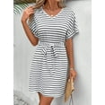 thumbnail image 1 of MORTTIC Women's Short Sleeve V-Neck Dress with Belt, Black and White Striped Summer Casual Dress, 1 of 3