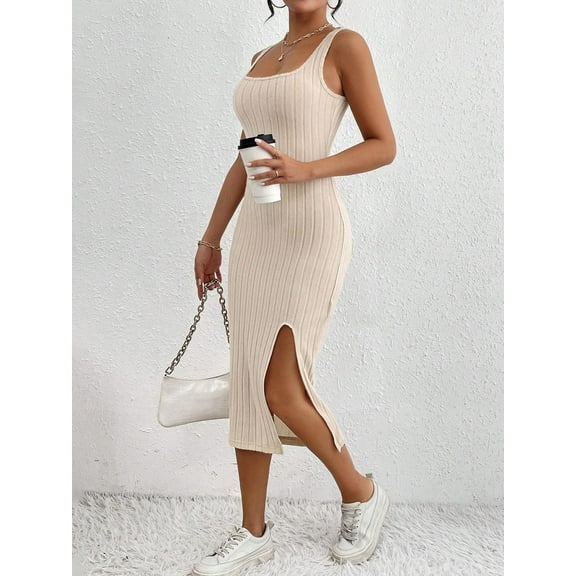 MORTTIC Women's Sleeveless Bodycon Dress, Slim Fit Summer Dress with Side Slit