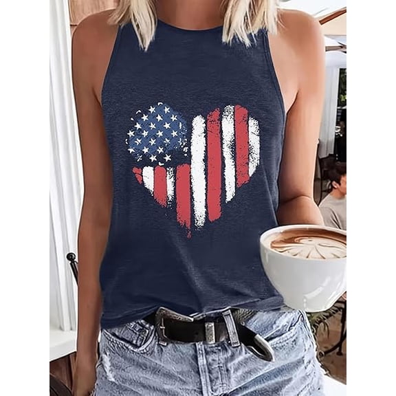MORTTIC Women's Sleeveless Crew Neck Tank Top Summer Casual American Heart Print Tee Vest