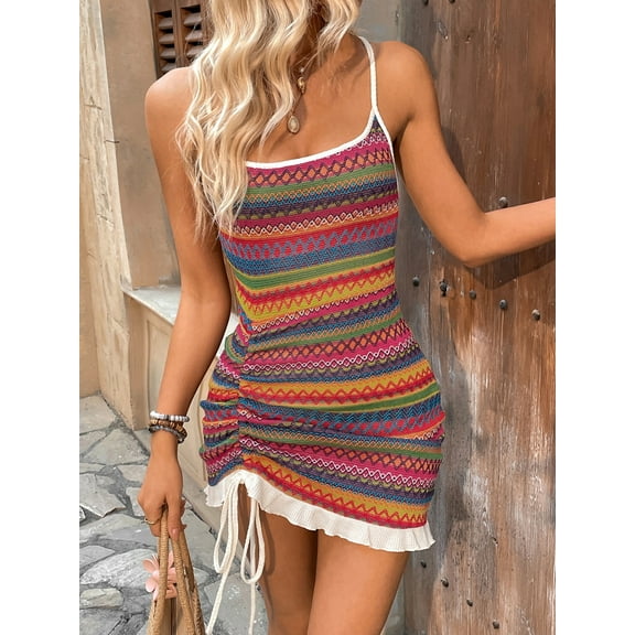 MORTTIC Women's Sleeveless Spaghetti Strap Ruched Bodycon Mini Dress, Drawstring Summer Casual Striped Square Neck Dress