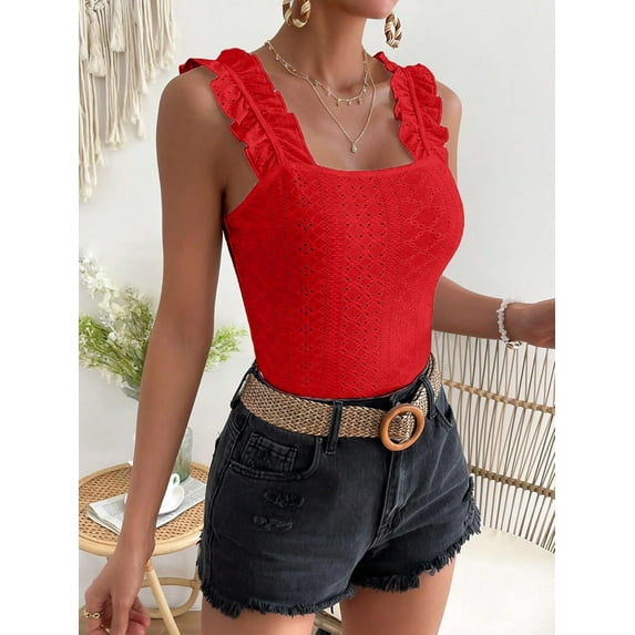 MORTTIC Women's Sleeveless Square Neck Top with Pattern Design, Solid Color Casual Blouse for Daily Office Wear