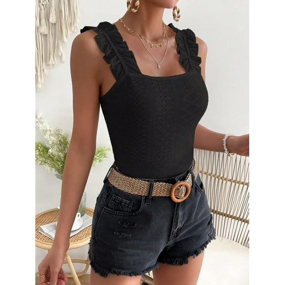 MORTTIC Women's Sleeveless Square Neck Top with Pattern Design, Solid Color Casual Blouse for Daily Office Wear