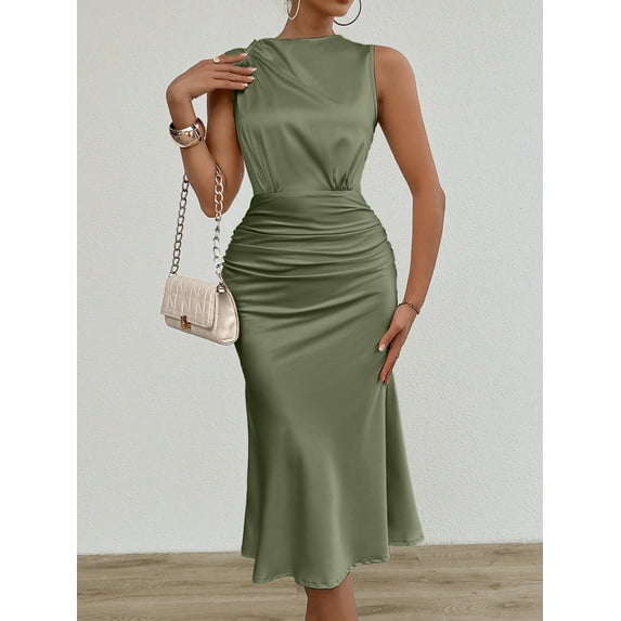 MORTTIC Women's Sleeveless Summer Tank Dress, Crew Neck Slim Fit Bodycon Dress, Ruched Casual Party and Club Dress, S