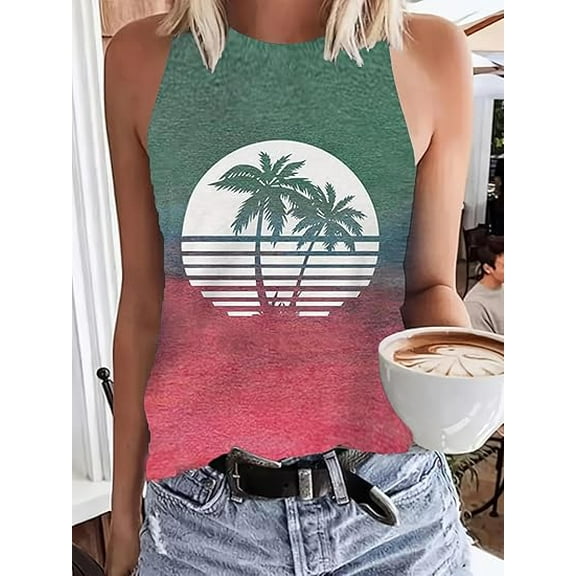MORTTIC Women's Sleeveless Tank Top, Color Block Coconut Tree Print, Summer Casual Crew Neck Vest, S-XXL