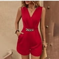 thumbnail image 1 of MORTTIC Women's Sleeveless V-Neck Jumpsuit with Belt Elegant Solid Color Romper with Pockets for Dressing Up Red，S, 1 of 5