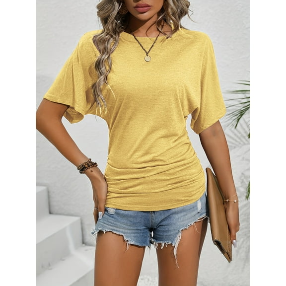 MORTTIC Women's Slim-Fit Ruched Short Sleeve T-Shirt - Crewneck Casual and Stylish Fitted Top for Everyday Wear