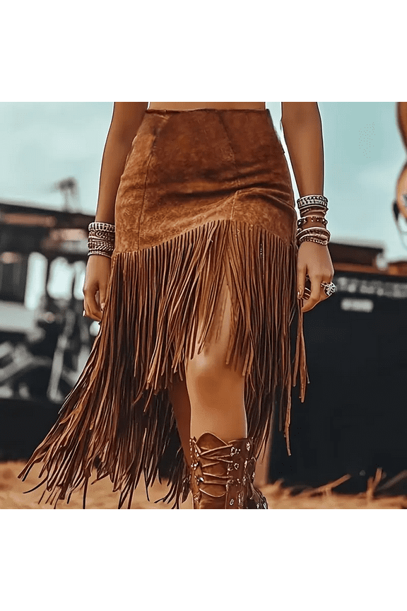 Women's Solid Color Asymmetrical Hem Fringe Skirt, Western Denim Style Boho Midi Skirt Brown,XL
