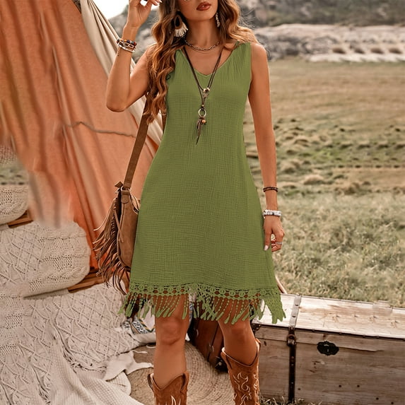 MORTTIC Women's Solid Color Bohemian Sleeveless V-Neck Dress - Elegant Tassel Detail Dress for Beach & Summer