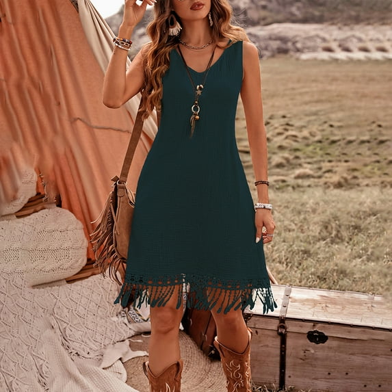 MORTTIC Women's Solid Color Bohemian Sleeveless V-Neck Dress - Elegant Tassel Detail Dress for Beach & Summer