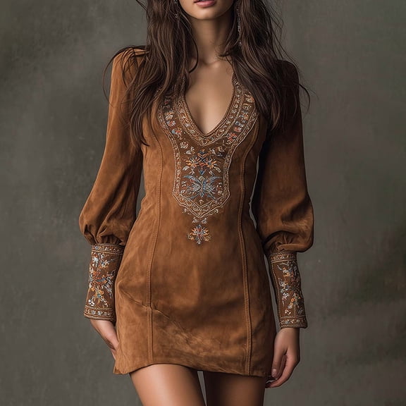 MORTTIC Women's Solid Color Boho V-Neck Puff Long Sleeve Embroidered Dress – Fitted Short Retro Style Brown,M