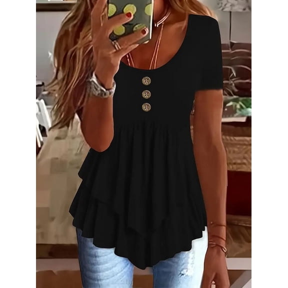 MORTTIC Women's Solid Color Button Front Tunic Top, Casual Loose Fit Crew Neck Summer Blouse T-Shirt, Black, M