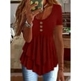thumbnail image 1 of MORTTIC Women's Solid Color Button Front Tunic Top, Casual Loose Fit Crew Neck Summer Blouse T-Shirt, Red, XL, 1 of 6