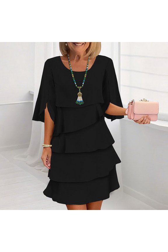 Women‘s Solid Color Crew Neck Half Sleeve Tiered Cake Ruffle Sweep Train Midi Dress - Elegant Casual Party Wear Black,XL