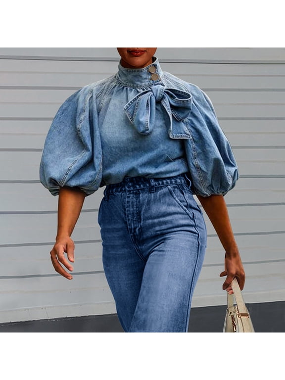 Women's Solid Color Denim Pullover, Bubble Sleeve Blouse with Stand Collar & Bow Tie for Spring/Fall Light Blue,XL