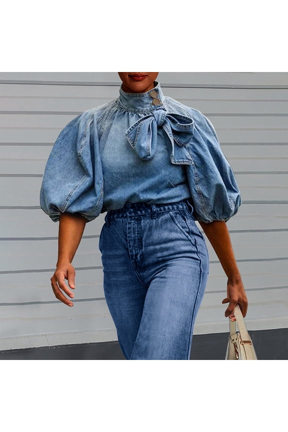 Women's Solid Color Denim Pullover, Bubble Sleeve Blouse with Stand Collar & Bow Tie for Spring/Fall Light Blue，XXL