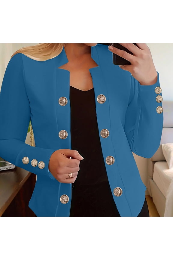 -Women's Solid Color Double-Breasted Knit Blazer - Long Sleeve Cardigan Collar Jacket with Button Cuffs, All-Season Casual Office Wear